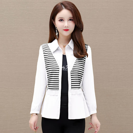 条纹拼接修身时尚衬衫，POLO领长袖单排扣气质小衫QYM- KSY-LH23B08-L 商品图1