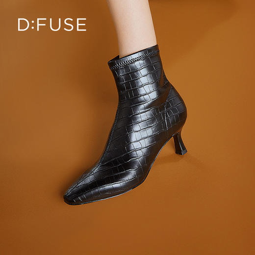 DFuse冬方头细跟弹力瘦瘦靴高跟短靴女显高显瘦绒面DF34116105 商品图8