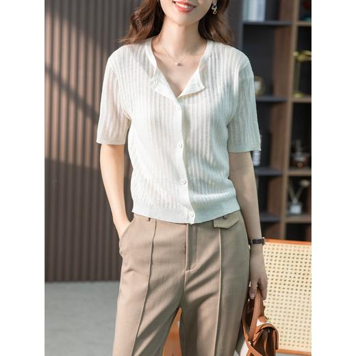 【现货7天】短袖针织衫女2023夏季新款薄款微透开衫圆领时尚百搭T恤上衣 商品图1