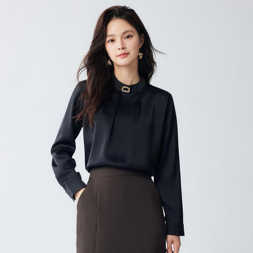 【知性优雅】罗蒙女式长袖衬衫舒适百搭商务通勤圆领长袖衬衫女 商品图1