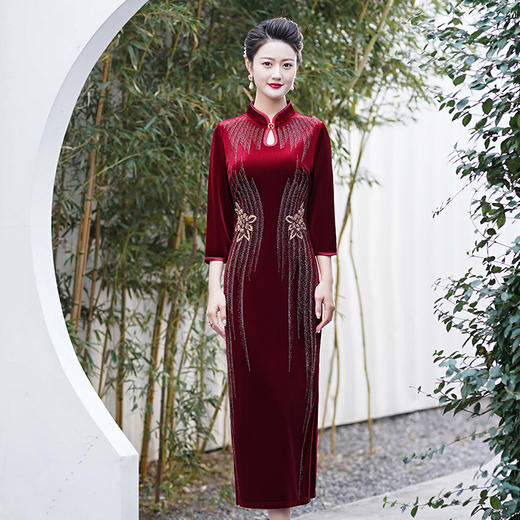 MLY秋冬如意襟旗袍金丝绒中长款钉珠旗袍立领中年一件 商品图0
