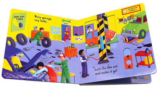 Busy系列 忙碌的车库 英文原版绘本 Busy Garage 忙碌的修车厂 推拉滑动机关操作纸板书 儿童英语启蒙趣味游戏玩具书 英文版书籍 商品图1