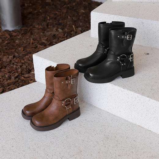 西遇复古厚底短靴女新款秋季棕色马丁靴美式机车废土风靴子D0033827 商品图4