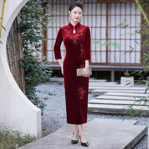 MLY旗袍金丝绒喜妈妈结婚复古中式立领大码 商品图0