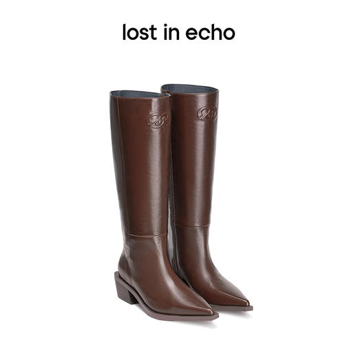 [捡漏价]lost in echo设计师品牌增高尖头牛皮粗跟阔腿显瘦侧拉链高筒长靴 商品图0