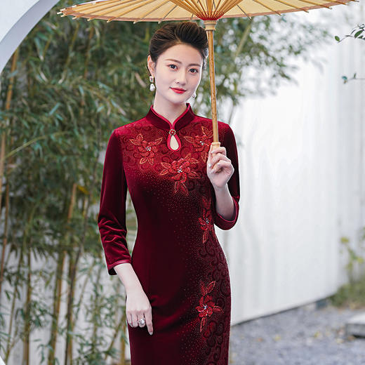 MLY旗袍金丝绒喜妈妈结婚复古中式立领大码 商品图2