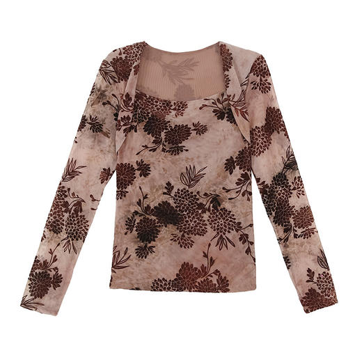 修身洋气，复古印花拼接半高领网纱打底衫女秋内搭长袖T恤KQL-D36N2902 商品图4