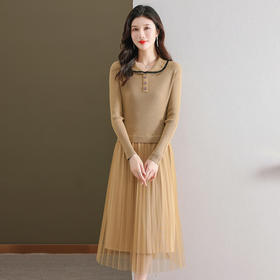 秋季新款，海军领针织打底羊毛网纱长裙小香风拼接假两件连衣裙CC-28-6659