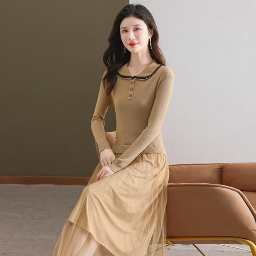 秋季新款，海军领针织打底羊毛网纱长裙小香风拼接假两件连衣裙CC-28-6659 商品图1