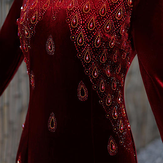 MLY旗袍金丝绒中长款钉珠旗袍立领 商品图3