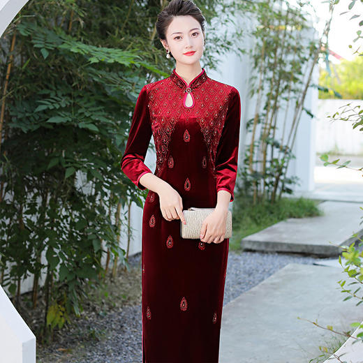 MLY旗袍金丝绒中长款钉珠旗袍立领 商品图2