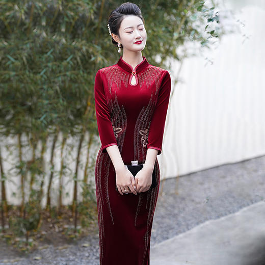 MLY秋冬如意襟旗袍金丝绒中长款钉珠旗袍立领中年一件 商品图2