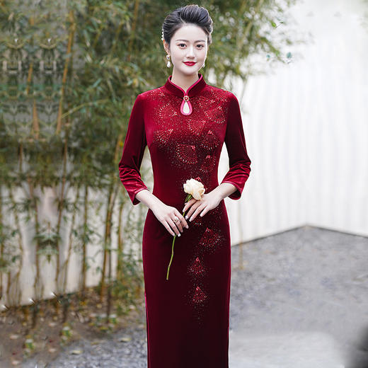 MLY韩国金丝绒天鹅绒连衣裙丈母娘敬酒服春秋七分袖 商品图1