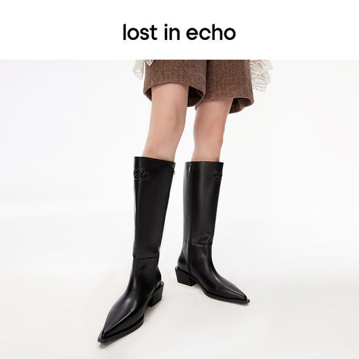 [捡漏价]lost in echo设计师品牌增高尖头牛皮粗跟阔腿显瘦侧拉链高筒长靴 商品图4