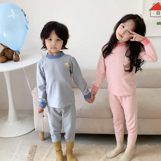 儿童条纹无骨保暖衣套装男女童德绒高领秋衣秋裤宝宝家居服睡 商品图0