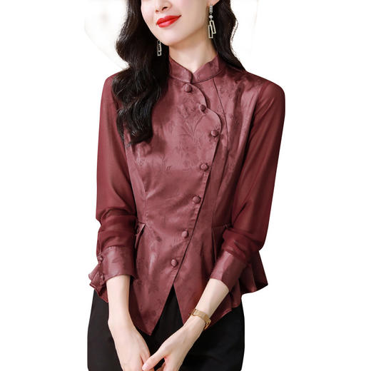 早秋新款，国潮气质缎面衬衫女别致复古斜门襟修身显瘦长袖衬衫KQL-B43N8386 商品图4