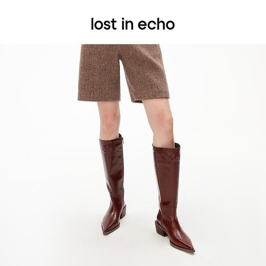 [捡漏价]lost in echo设计师品牌增高尖头牛皮粗跟阔腿显瘦侧拉链高筒长靴 商品图2
