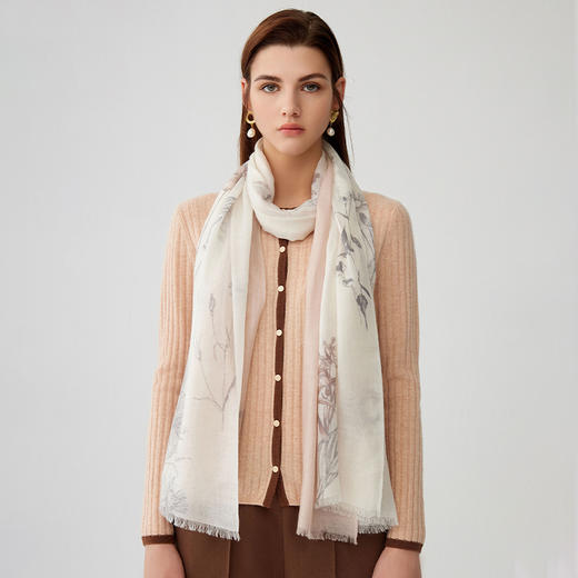 【纯羊毛围巾】23年秋冬新品100%绵羊毛植物印花百搭丝巾 商品图0