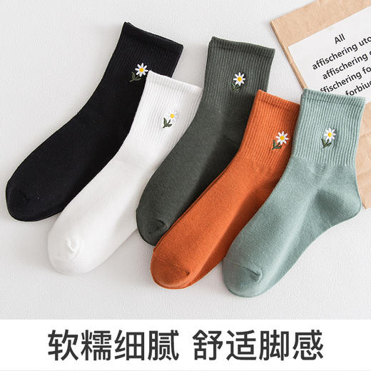 爱帝女士中筒袜刺绣小菊花女袜5双装 商品图0