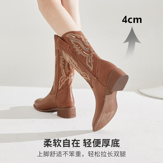 西遇西部牛仔靴子女新款秋季马丁靴美式复古刺绣棕色长筒靴D0034051/D0034052 商品图1
