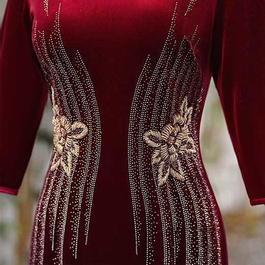 MLY秋冬如意襟旗袍金丝绒中长款钉珠旗袍立领中年一件 商品图3