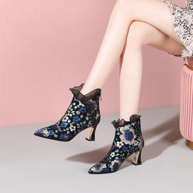 蕾丝边尖头时尚短靴，显瘦后拉链高跟短靴YSML-A803-389
