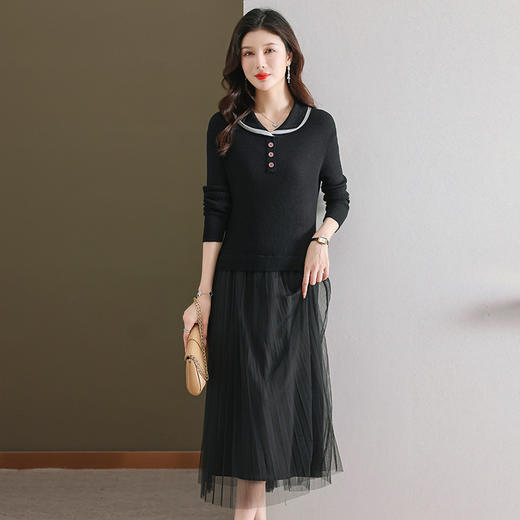 秋季新款，海军领针织打底羊毛网纱长裙小香风拼接假两件连衣裙CC-28-6659 商品图2