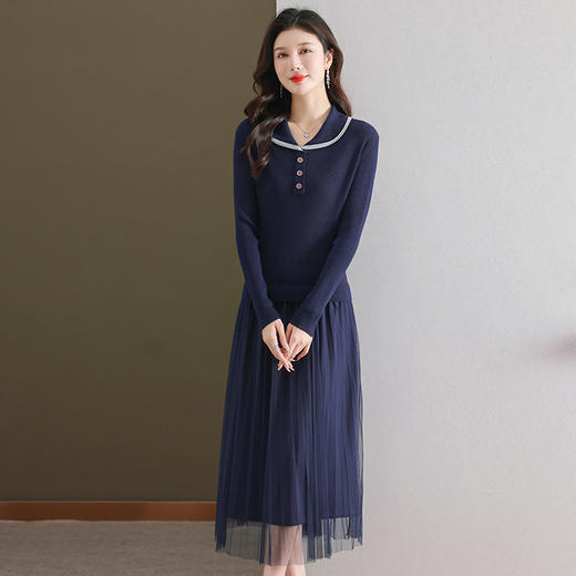 秋季新款，海军领针织打底羊毛网纱长裙小香风拼接假两件连衣裙CC-28-6659 商品图3