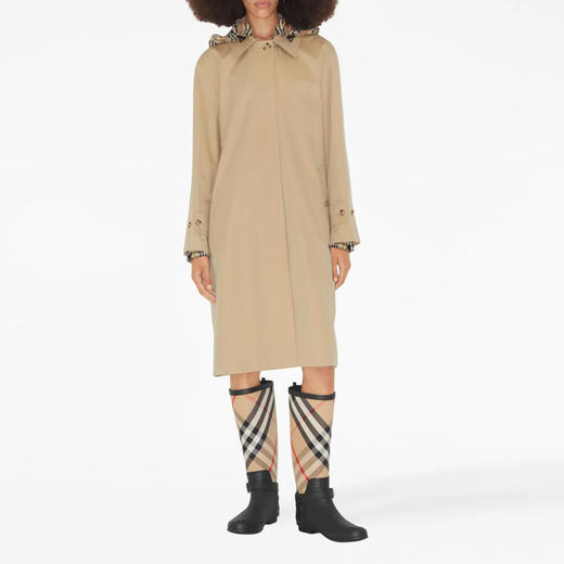BURBERRY 巴宝莉 女士格纹棉质嘎巴甸连帽轻便大衣 卡其色 8072677 A1366 商品图1