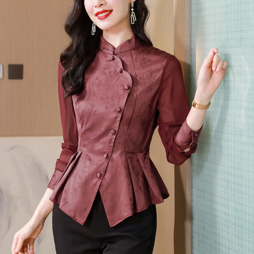 早秋新款，国潮气质缎面衬衫女别致复古斜门襟修身显瘦长袖衬衫KQL-B43N8386 商品图0