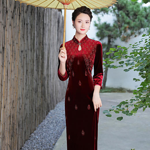 MLY旗袍金丝绒中长款钉珠旗袍立领 商品图1