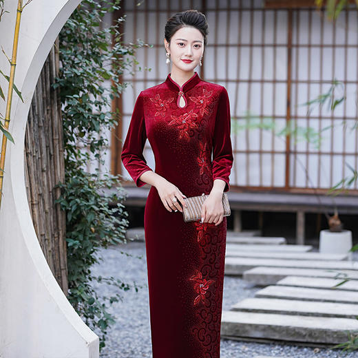 MLY旗袍金丝绒喜妈妈结婚复古中式立领大码 商品图1