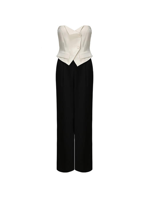 【月下山茶花】撞色抹胸马甲收腰阔腿连体裤230000023B 商品图0