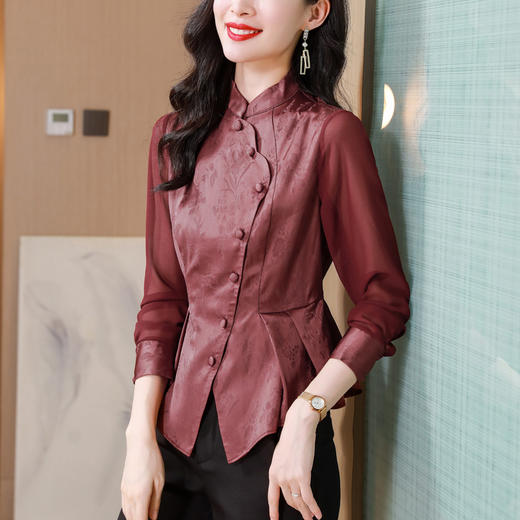 早秋新款，国潮气质缎面衬衫女别致复古斜门襟修身显瘦长袖衬衫KQL-B43N8386 商品图3