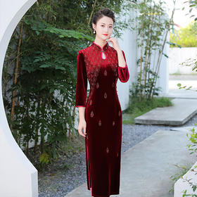 MLY旗袍金丝绒中长款钉珠旗袍立领