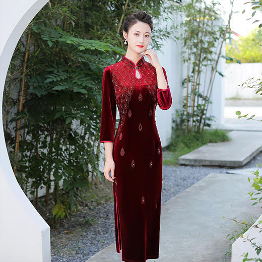 MLY旗袍金丝绒中长款钉珠旗袍立领 商品图0