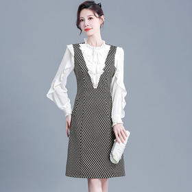 修身时尚，秋款圆领长袖通勤优雅气质A字裙格纹假两件连衣裙QYM-AH-23A1945-L