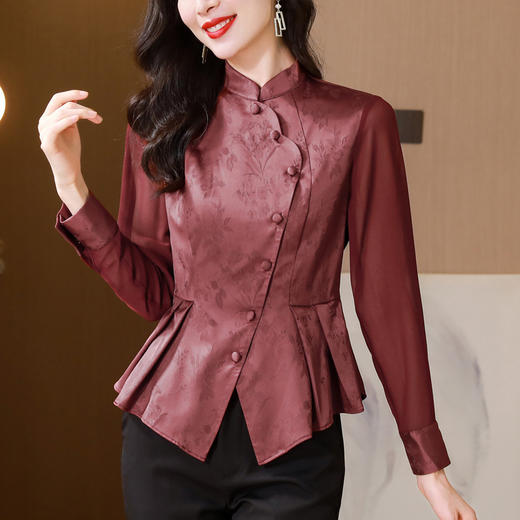 早秋新款，国潮气质缎面衬衫女别致复古斜门襟修身显瘦长袖衬衫KQL-B43N8386 商品图2