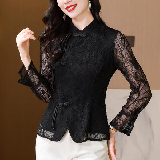 国风气质，秋装新款复古盘扣蕾丝上衣显瘦长袖打底衫KQL-B43N8385 商品图3