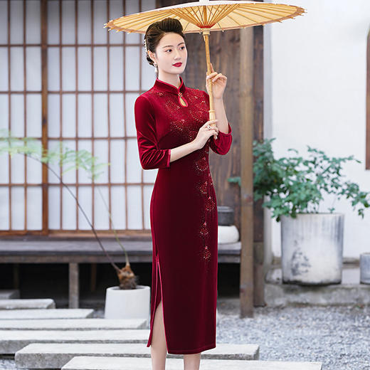 MLY韩国金丝绒天鹅绒连衣裙丈母娘敬酒服春秋七分袖 商品图0