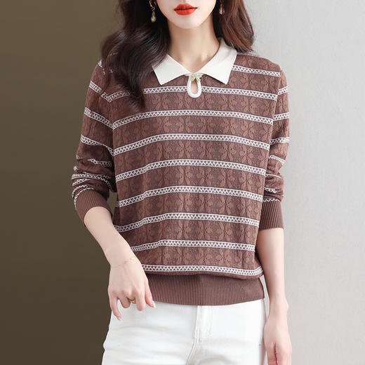 秋季新款，条纹针织打底衫长袖上衣时尚洋气女装早秋娃娃领毛衣CC-28-6667 商品图1