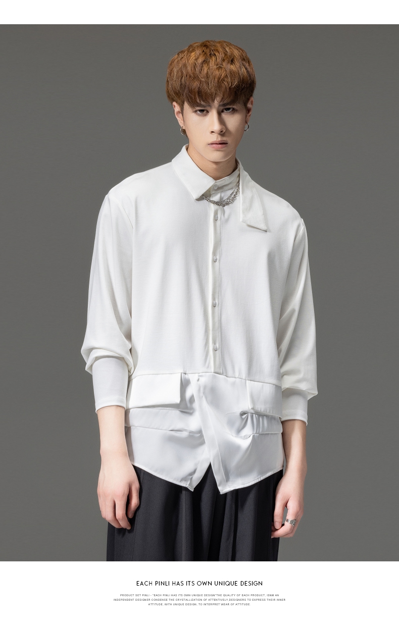 PINLI品立裁魂秋季新品尖领纯色长袖衬衫拼接休闲潮牌男衬衣BC233113005