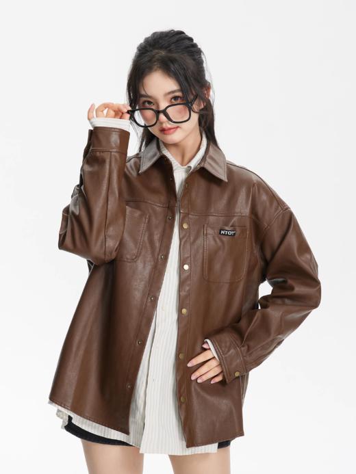 NTOT/NOTCS22159/中性咖色复古做旧水洗皮衬衫外套 商品图1