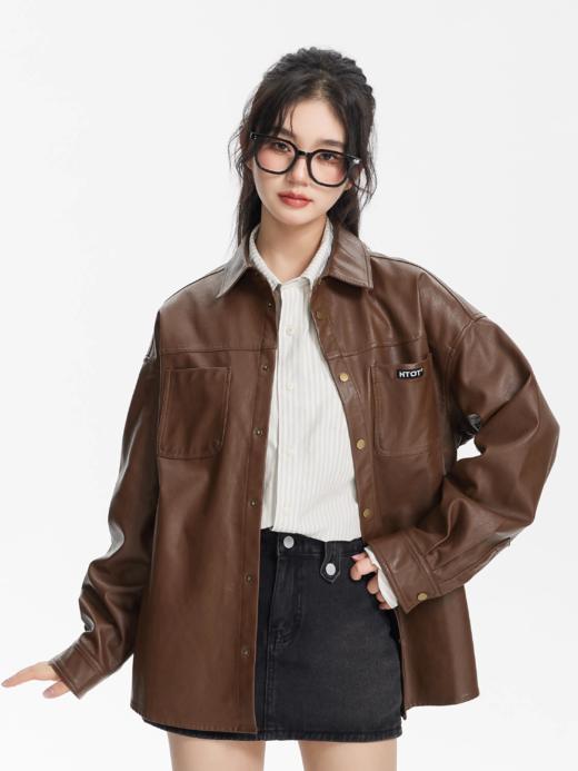 NTOT/NOTCS22159/中性咖色复古做旧水洗皮衬衫外套 商品图0