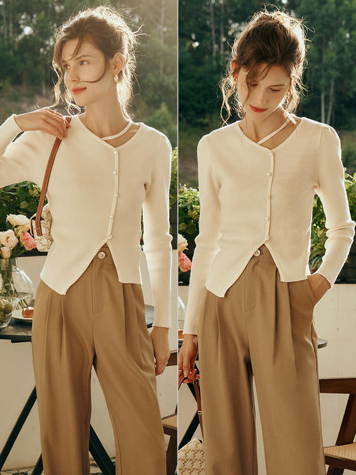 OLrain欧芮儿v领毛衣女初秋2023年新款不规则设计感别致套头上衣 商品图3