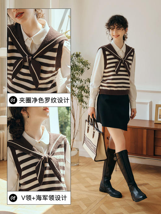 OLrain欧芮儿条纹针织背心女初秋2023新款复古美式海军领内搭马甲 商品图2