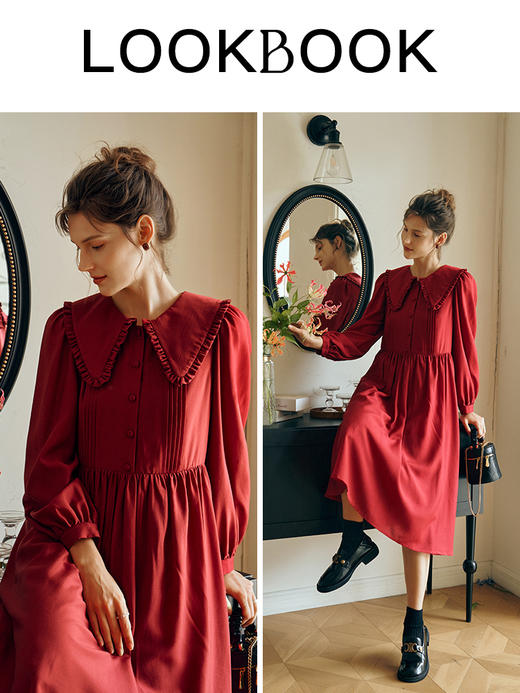 OLrain欧芮儿红色连衣裙女初秋2023年新款收腰法式气质娃娃领裙子 商品图3