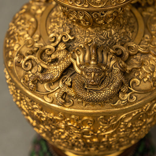 清 铜鎏金盘龙花卉纹花瓶摆件（一对） 商品图2