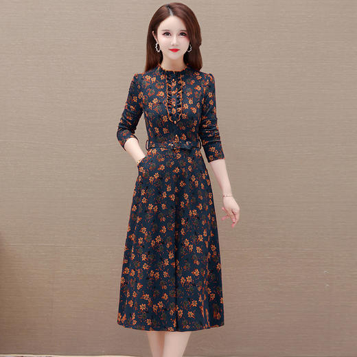 修身时尚，秋款长款印花连衣裙圆领长袖气质休闲大码A字裙QYM-KSY-BFL2303-L 商品图1