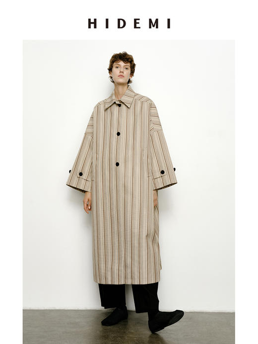 HIDEMI 极简廓形伞状色织条纹艺术感长款风衣 商品图4